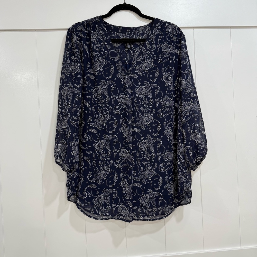 Jones New York Navy and White Paisley Blouse